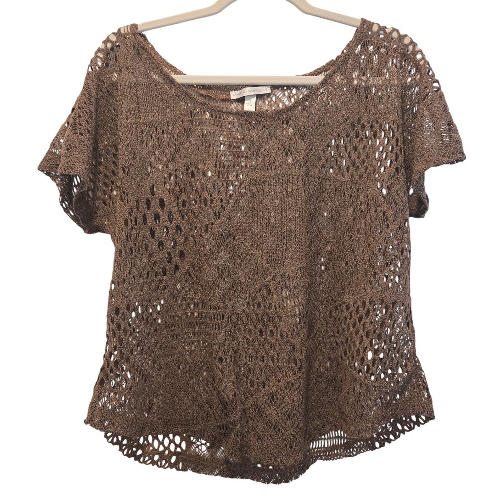 Brown Crochet Knit Top Short Sleeve Petite Large PL Boho Fairy‎ Grunge Festival